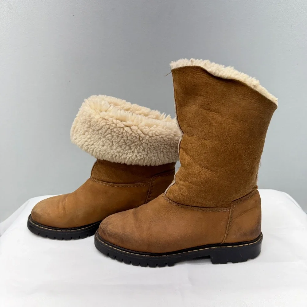 2 pair Sorel fold over‎ boots leather suede & shearling inner women's 7.5